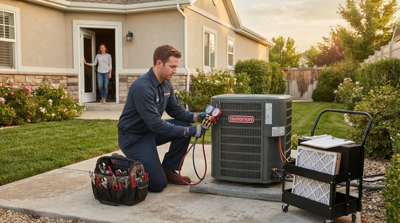 HVAC technician in navy uniform kneeling by an outdoor AC condenser with gauges and tools, homeowner watching from doorway