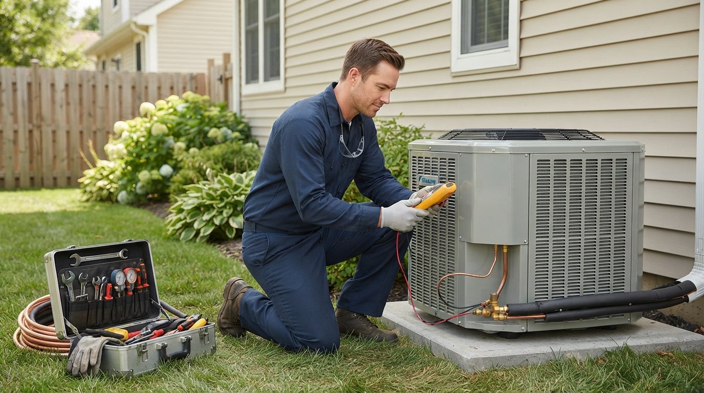 HVAC technician in navy uniform kneeling beside a new outdoor air conditioning condenser, using a digital multimeter on…