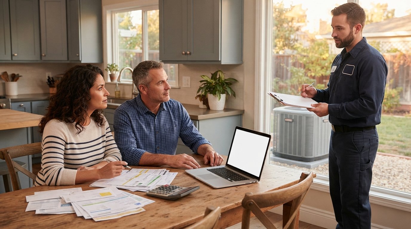 Couple reviewing bills and a laptop at a kitchen table while an HVAC technician with a clipboard stands nearby and a…
