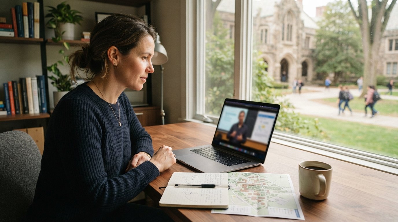 Adult learner in navy sweater at wooden desk with laptop showing a video lecture, notebook, campus map, and coffee mug in…