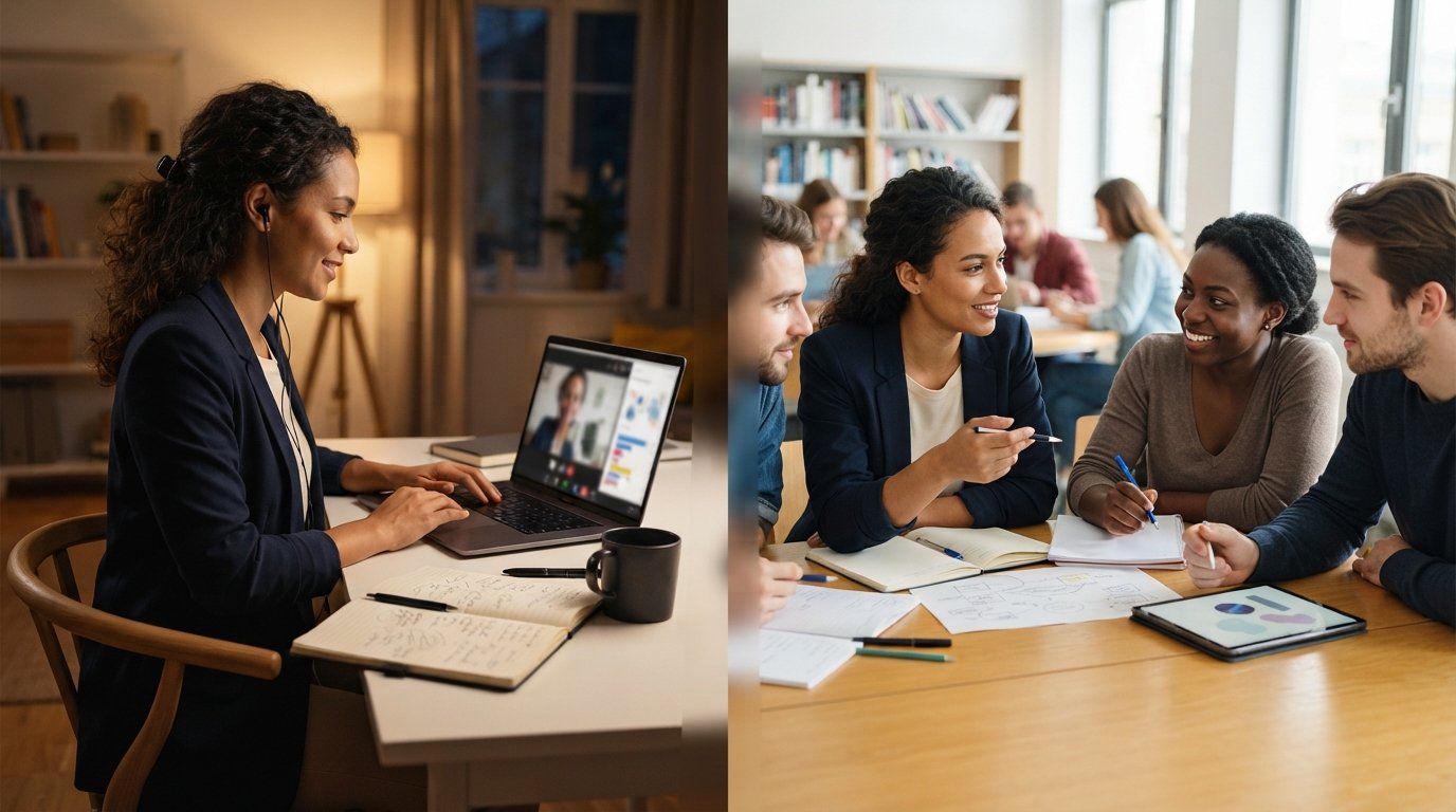 Adult student studies at a home desk with a laptop lecture, then joins diverse classmates in a bright seminar room.