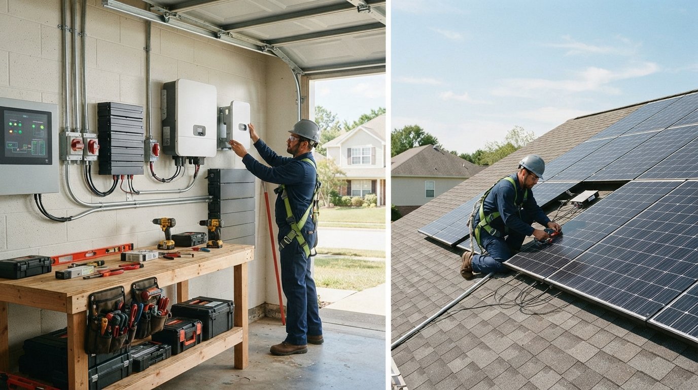 Solar technician in navy uniform mounting a white hybrid inverter on a garage wall beside a battery bank while another…