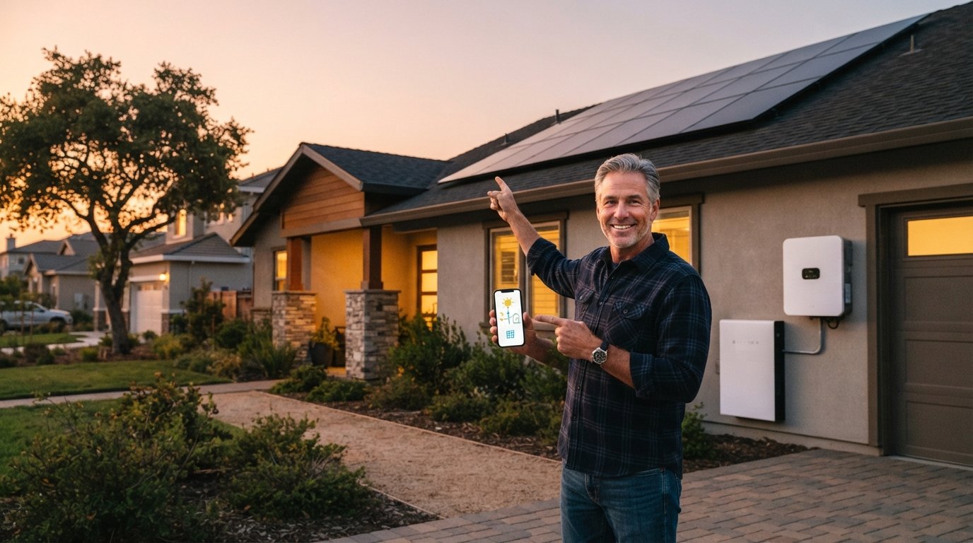 Homeowner in plaid shirt points at roof solar panels while standing next to a wall-mounted hybrid inverter and battery unit…