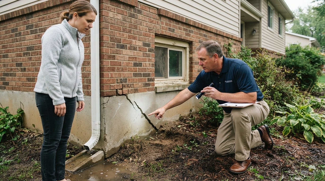 Inspector kneels by a brick foundation wall pointing at a jagged diagonal crack while a homeowner watches near a downspout…