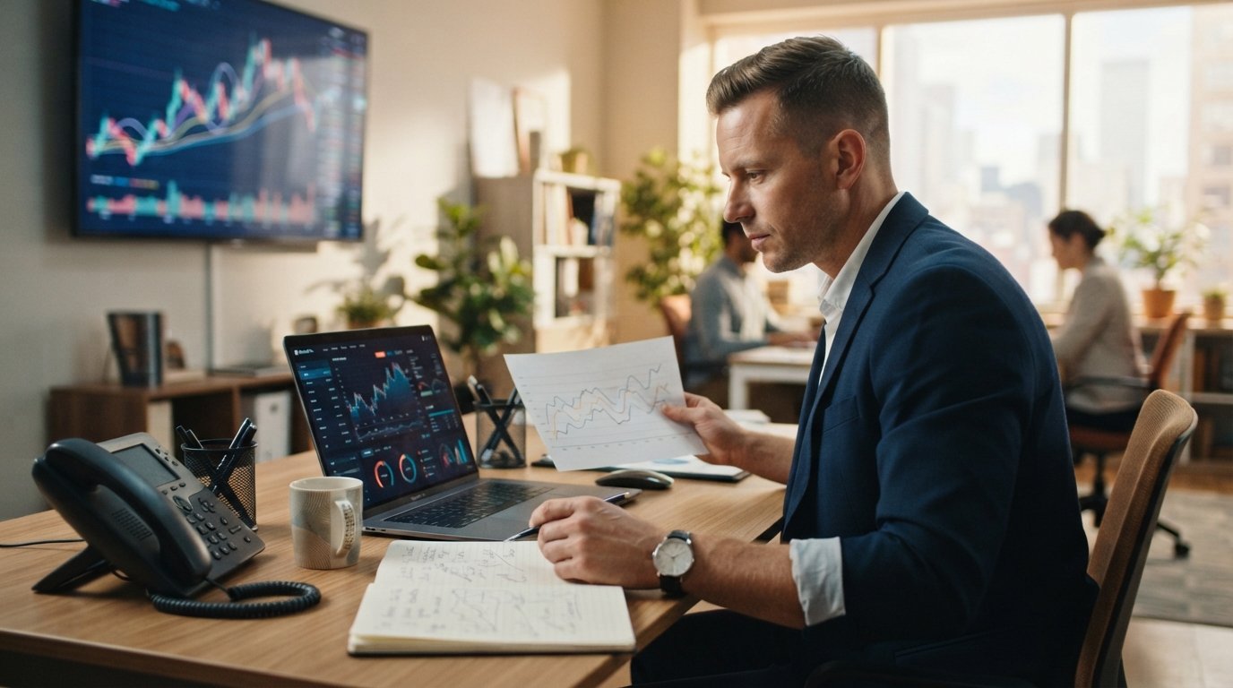 Loan officer in navy suit reviewing rate trend charts on laptop and printouts in a modern office with wall monitor