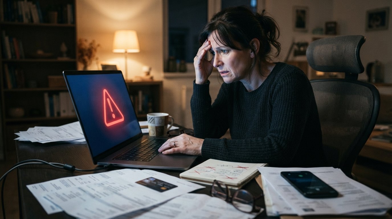 Worried adult at a home desk at night looking at a laptop with a red warning alert, surrounded by bank statements, a credit…
