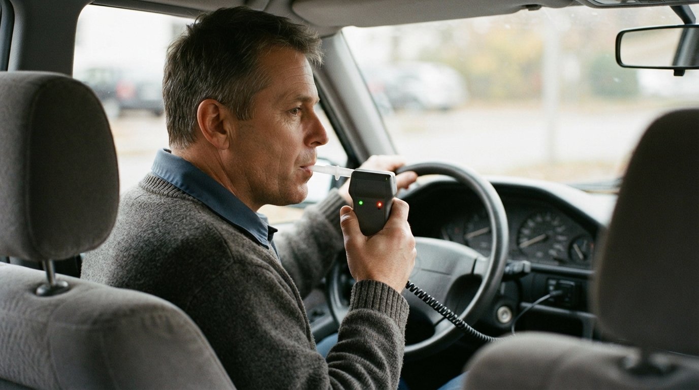 Middle-aged driver in a parked sedan holds a handheld ignition interlock breathalyzer near their mouth, green indicator…