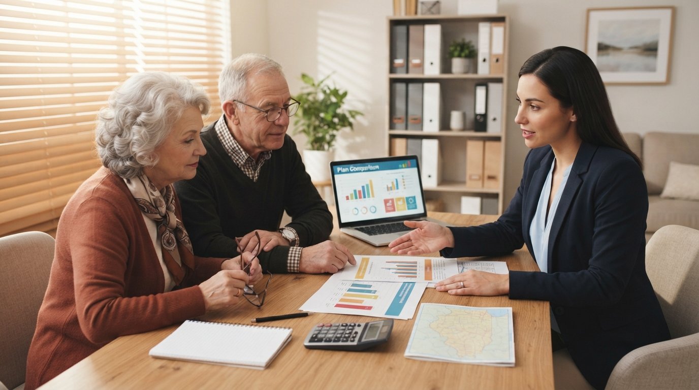 Senior couple and a licensed agent review printed comparison charts and a laptop at a wooden desk in a bright insurance…