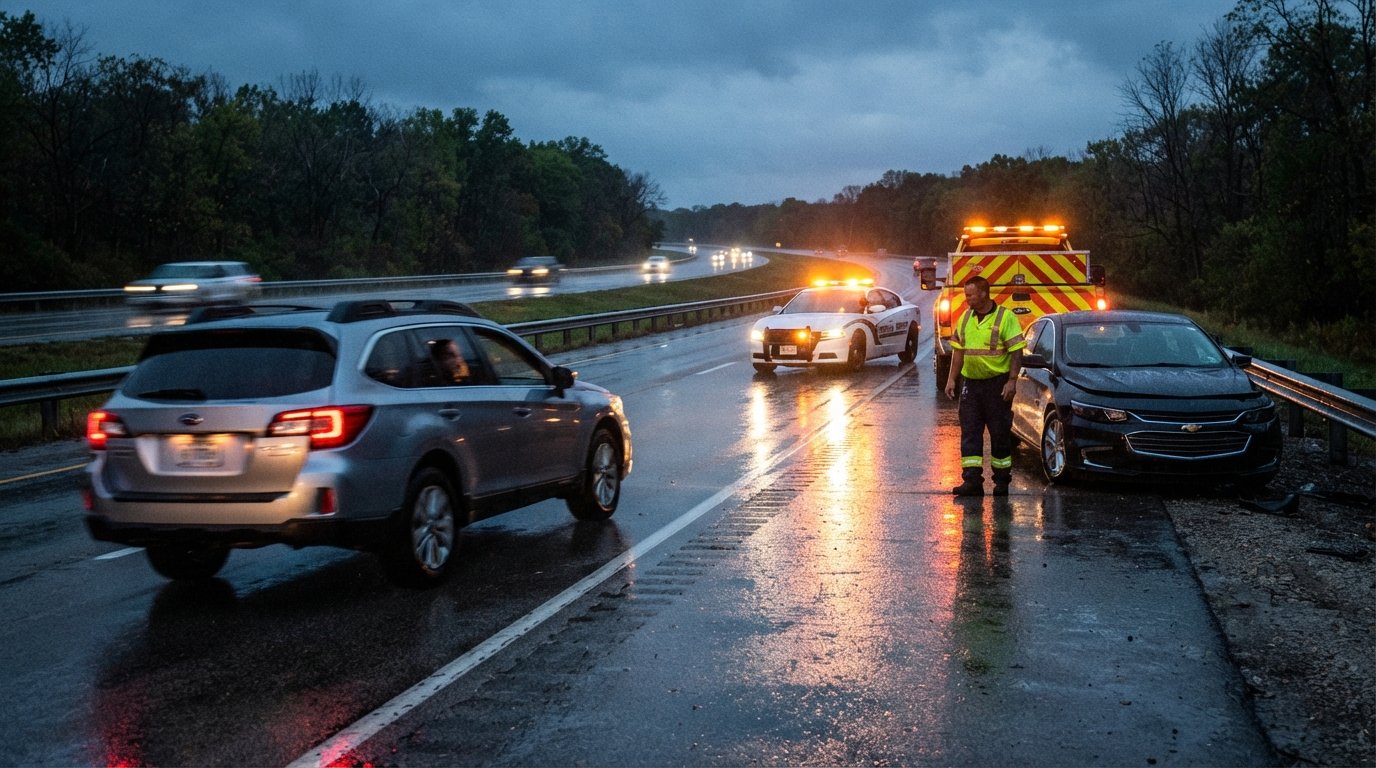 Police cruiser, maintenance truck, and tow truck with flashing lights on a wet Illinois highway shoulder as a silver SUV…