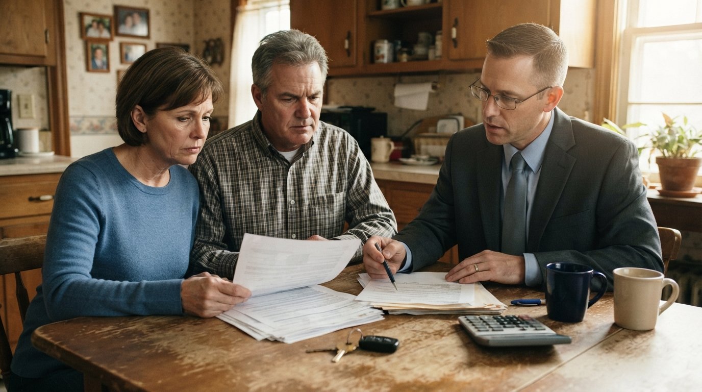 Two people sit at a kitchen table with an attorney, reviewing mortgage and auto loan paperwork beside a house key, car key,…