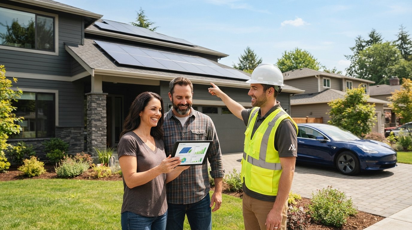 Smiling couple with contractor reviewing solar panel diagrams on a tablet in a sunny driveway, roof panels visible
