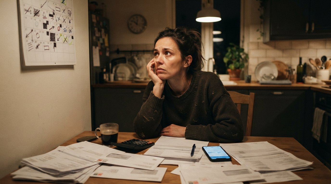 Worried woman at a kitchen table at night, head on hand, surrounded by loan statements, a calculator, a coffee mug, and a…