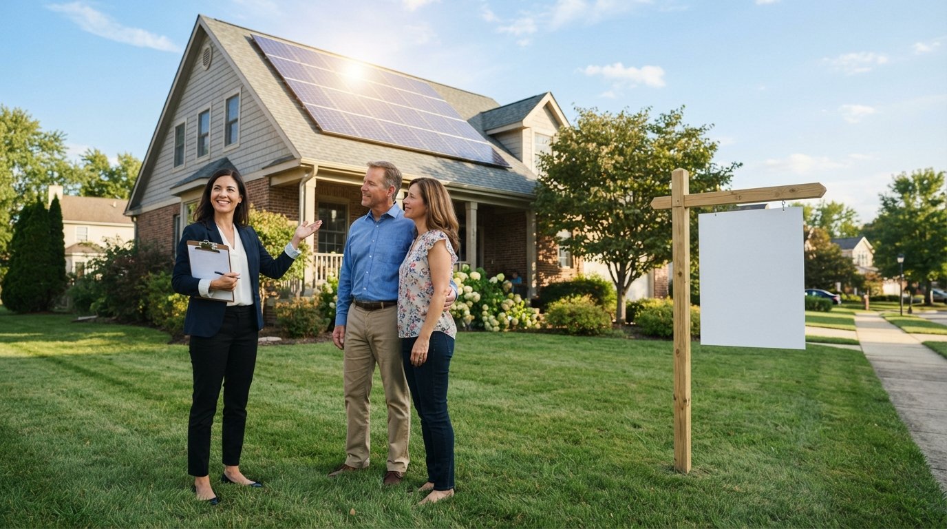 Real estate agent with clipboard gestures toward a two-story home with rooftop solar panels as a couple listens on a sunny…