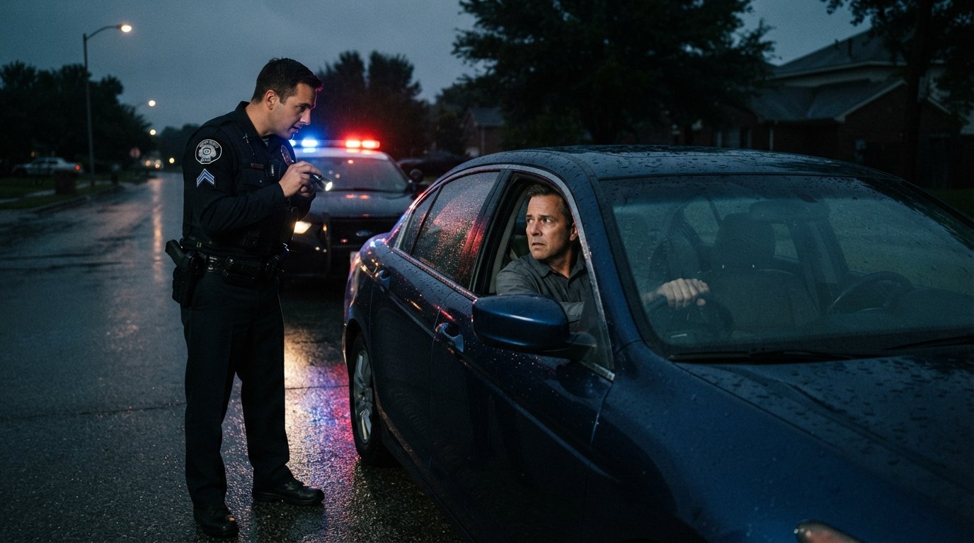 Police officer with flashlight at driver's window during a nighttime traffic stop, red and blue lights reflecting on wet…