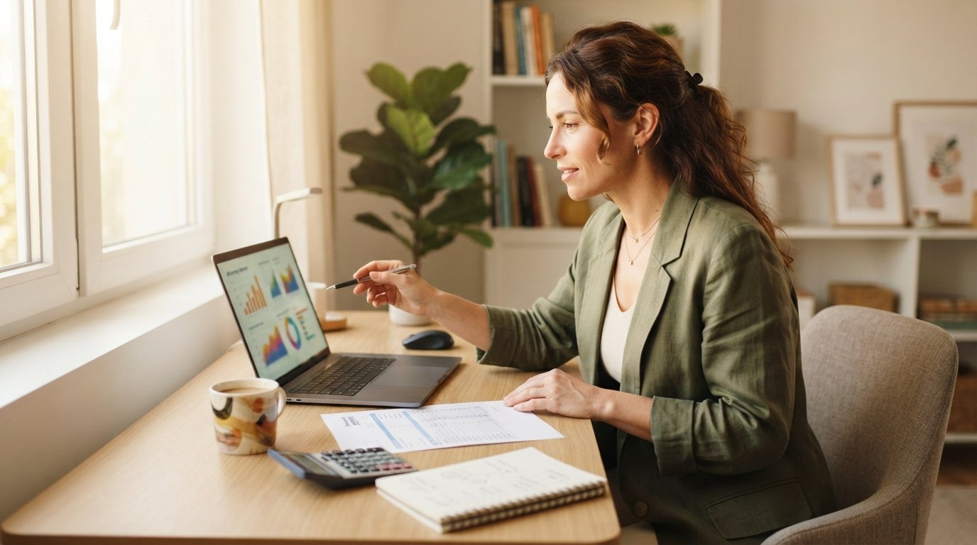 Woman at a home desk reviewing a credit improvement plan on a laptop beside a refinancing statement and calculator
