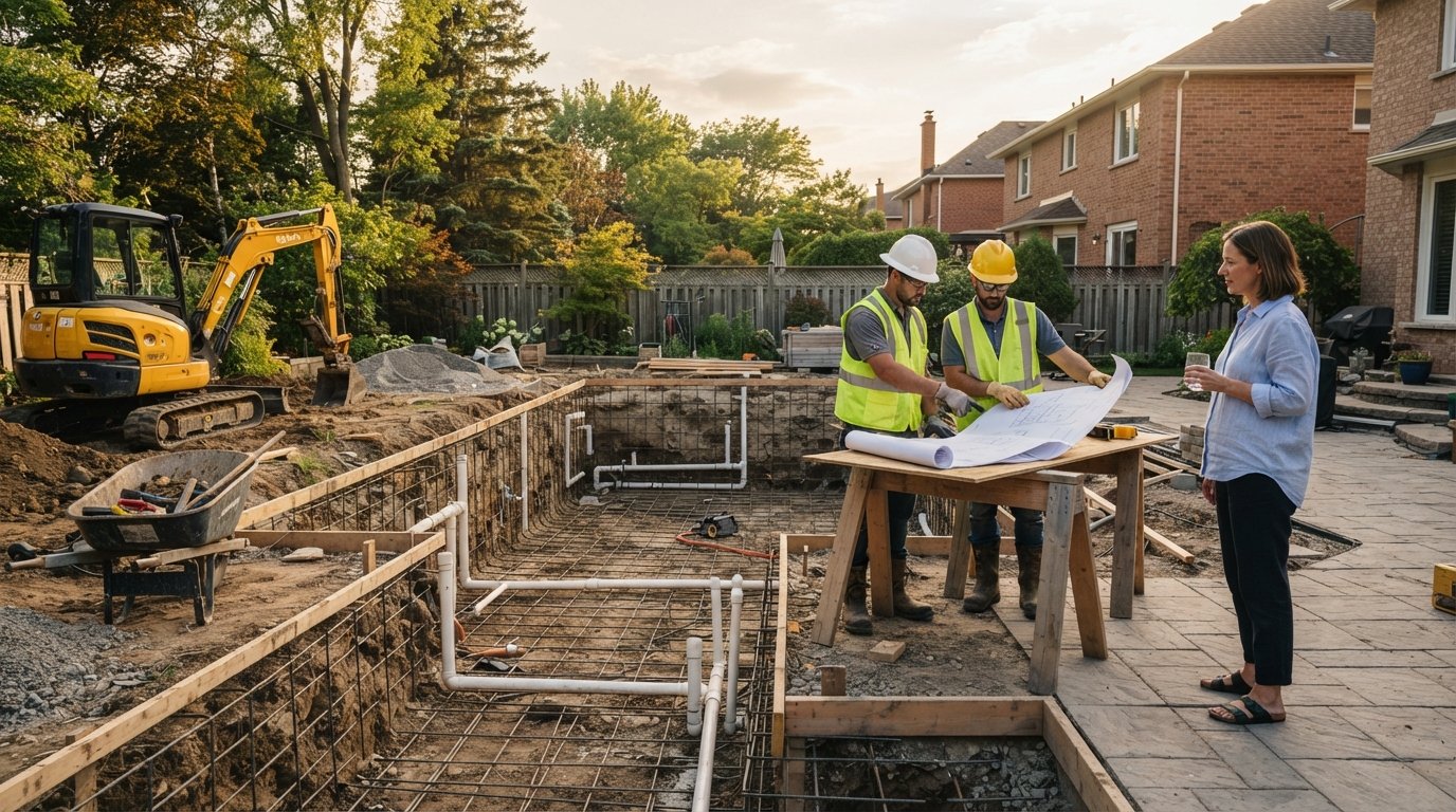 Backyard pool construction site with excavated cavity, rebar walls, PVC pipes, mini-excavator, and contractors reviewing…