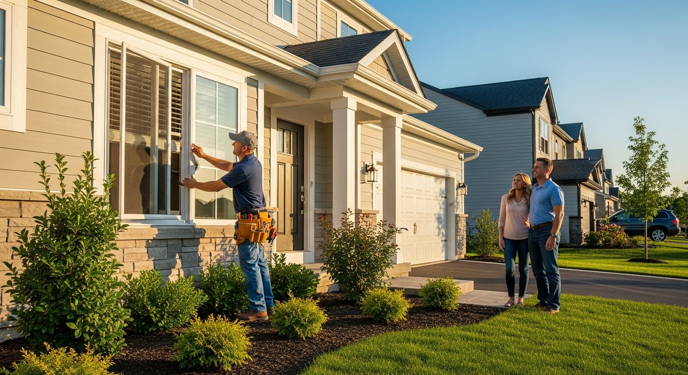 Contractor in polo shirt and tool belt installs a new window while a couple watches from the driveway of a modern suburban…