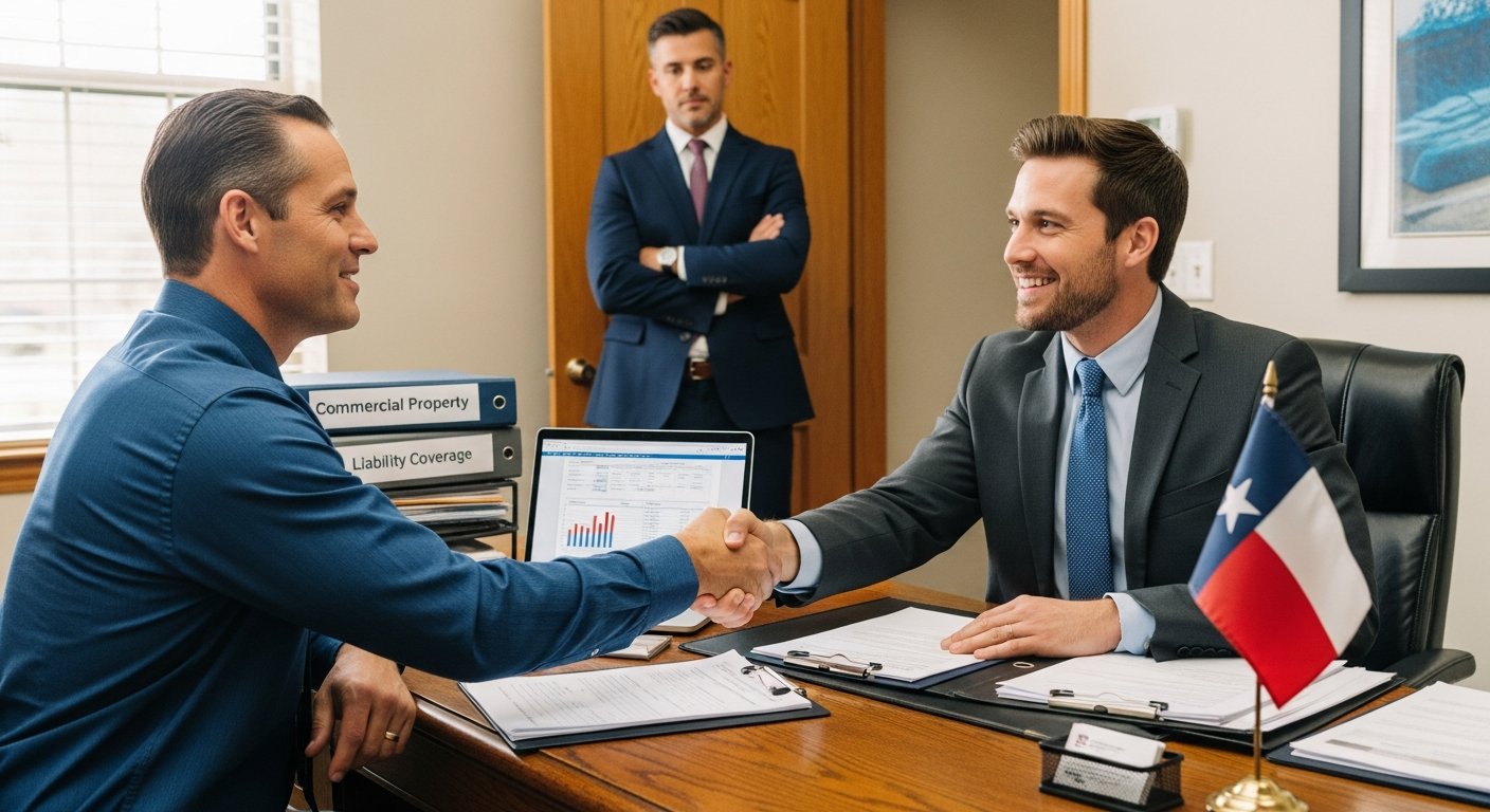 Texas business owner in navy shirt shakes hands with an independent insurance agent at a desk with policy documents, a…