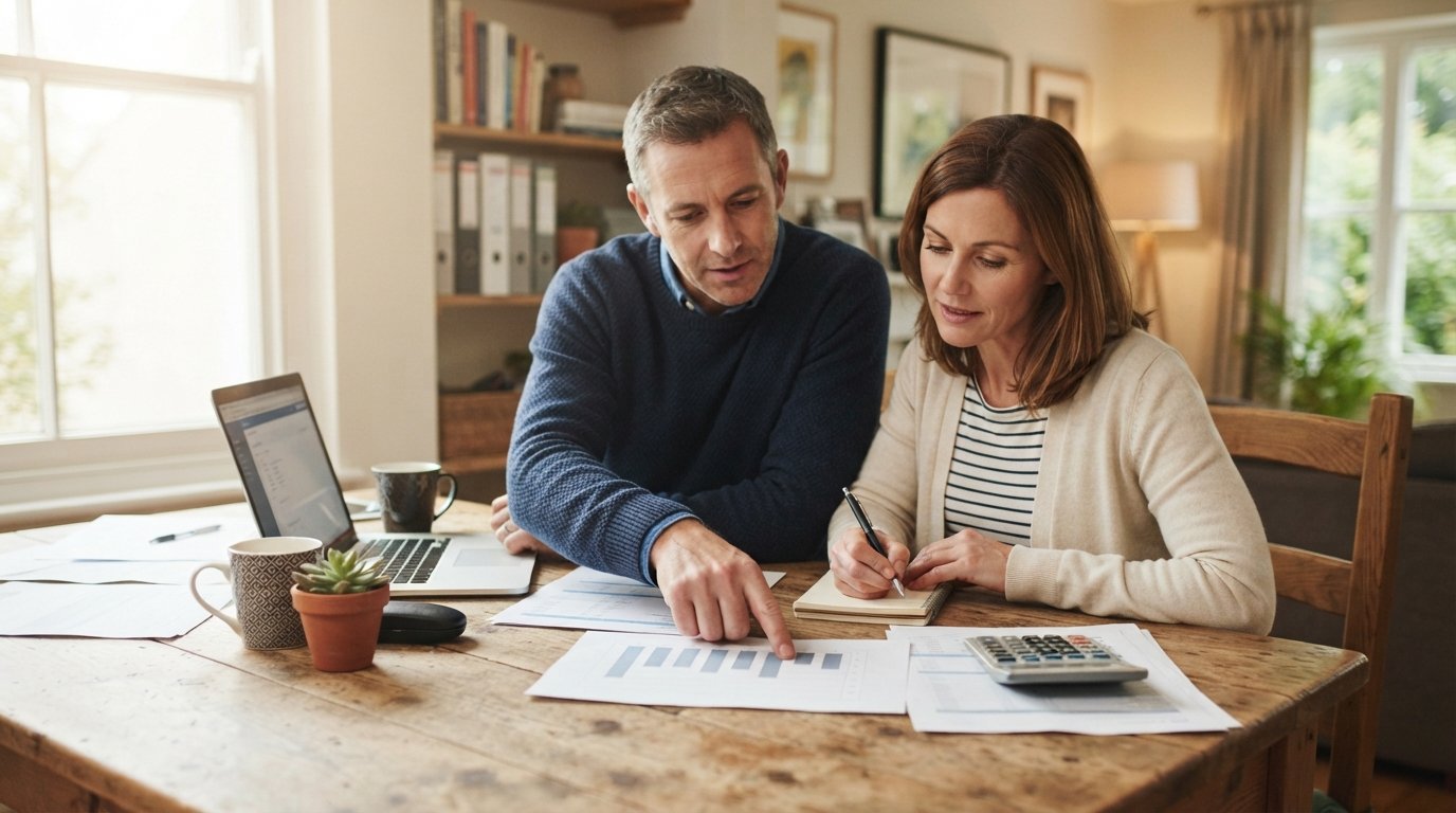Two parents in their 40s at a wooden kitchen table comparing life insurance documents, a laptop, a printed bar chart, and a…
