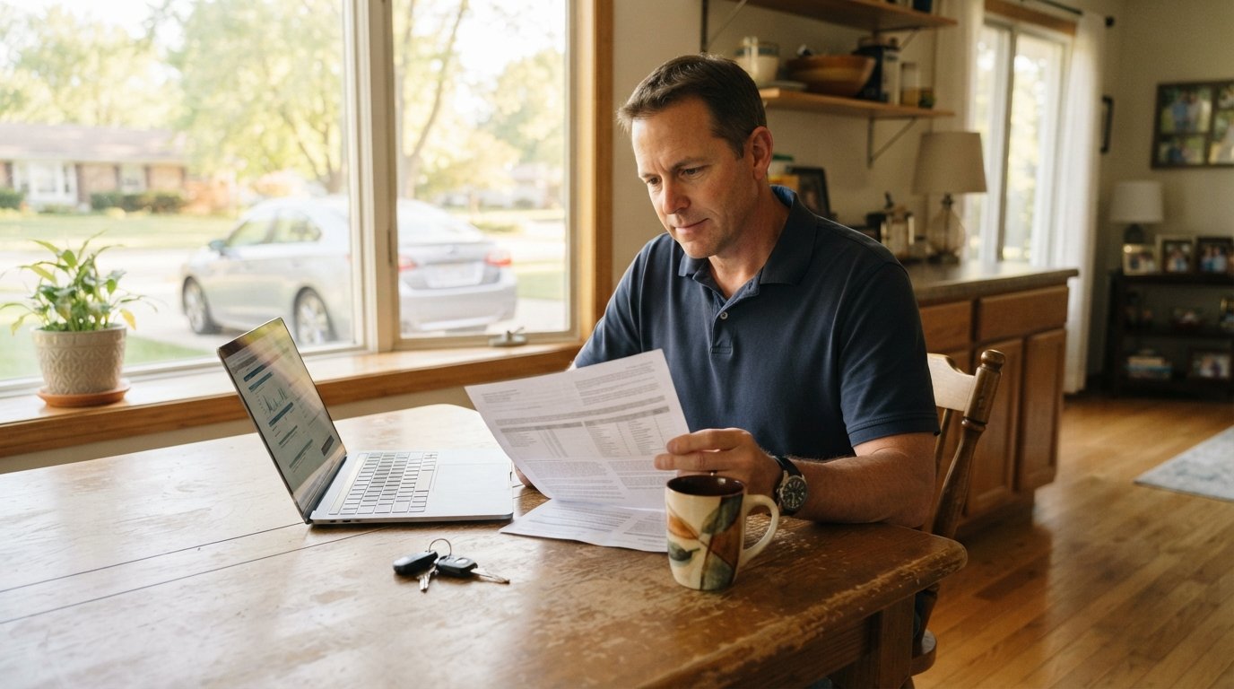 Middle-aged driver in a navy polo shirt reading a printed auto insurance policy at a wooden kitchen table with a laptop,…