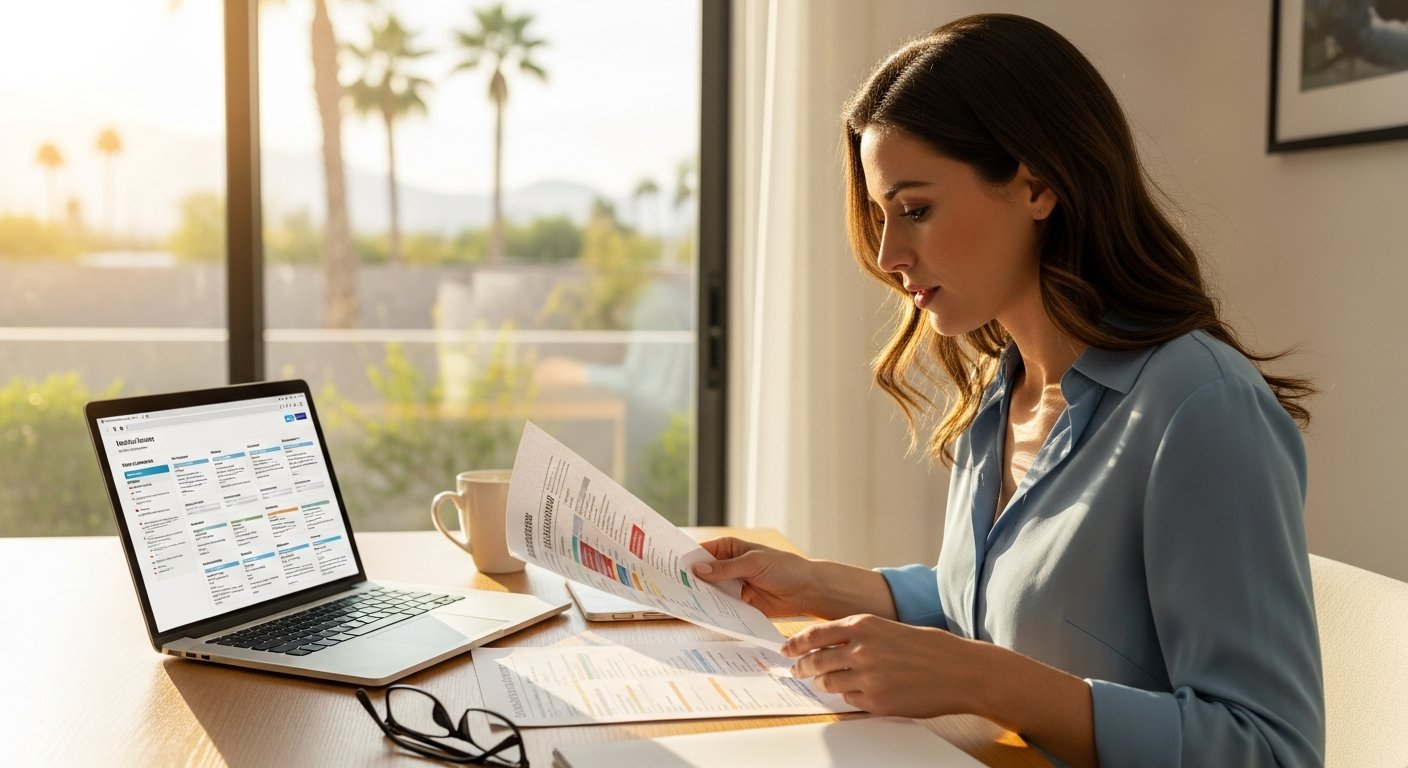 Woman in her 30s at a wooden desk in a Chandler, Arizona home office, reviewing a printed health insurance comparison chart…