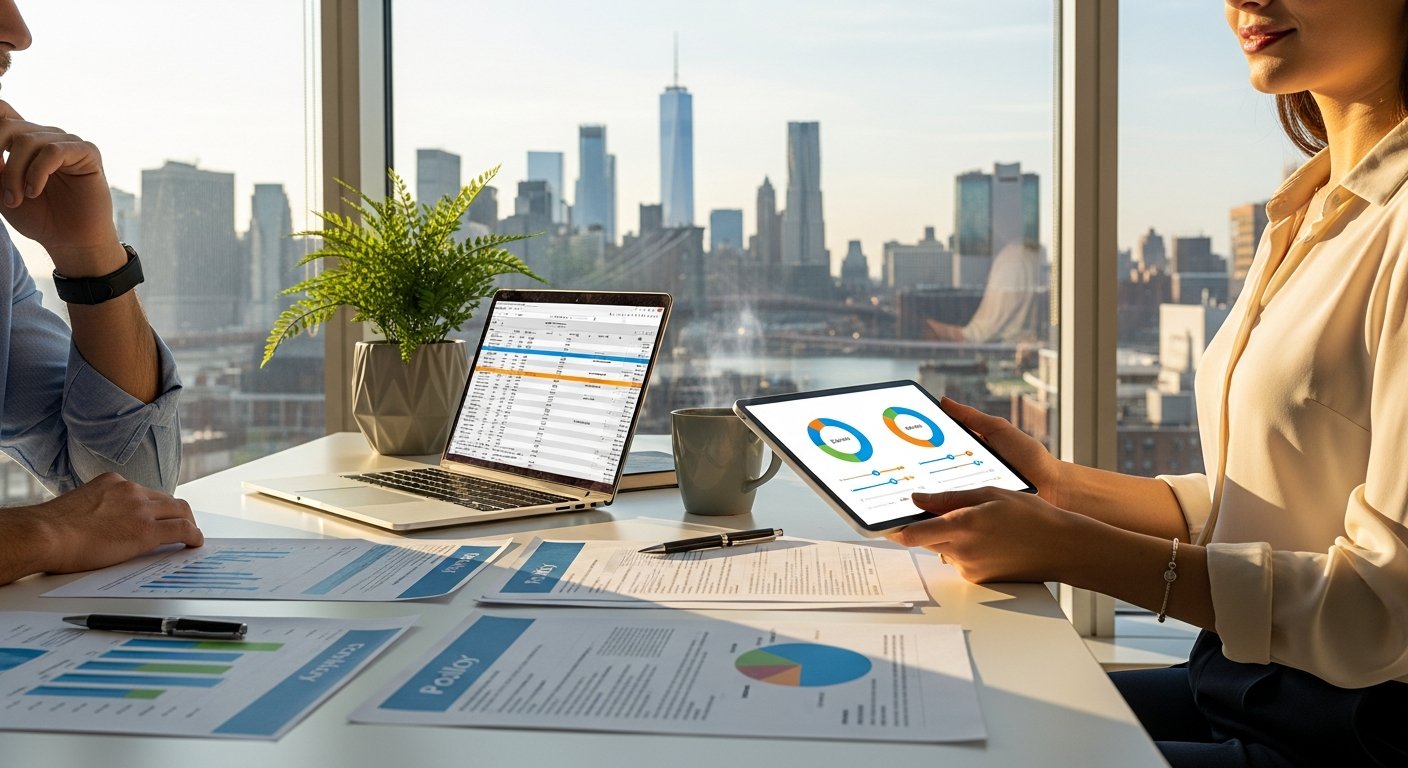 Diverse couple at a bright home office desk reviewing colorful comparison charts and policy documents on a laptop and…