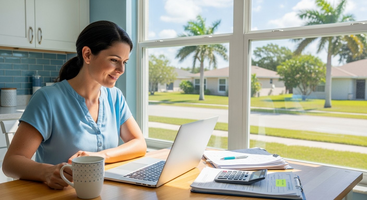 Smiling woman in her 40s at a sunlit kitchen table in Port Charlotte, Florida, comparing health insurance plan details on a…