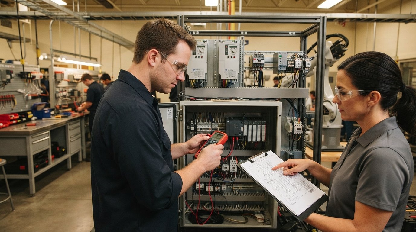 Student in safety glasses uses a multimeter on a PLC inside an open control panel while an instructor points to a wiring…