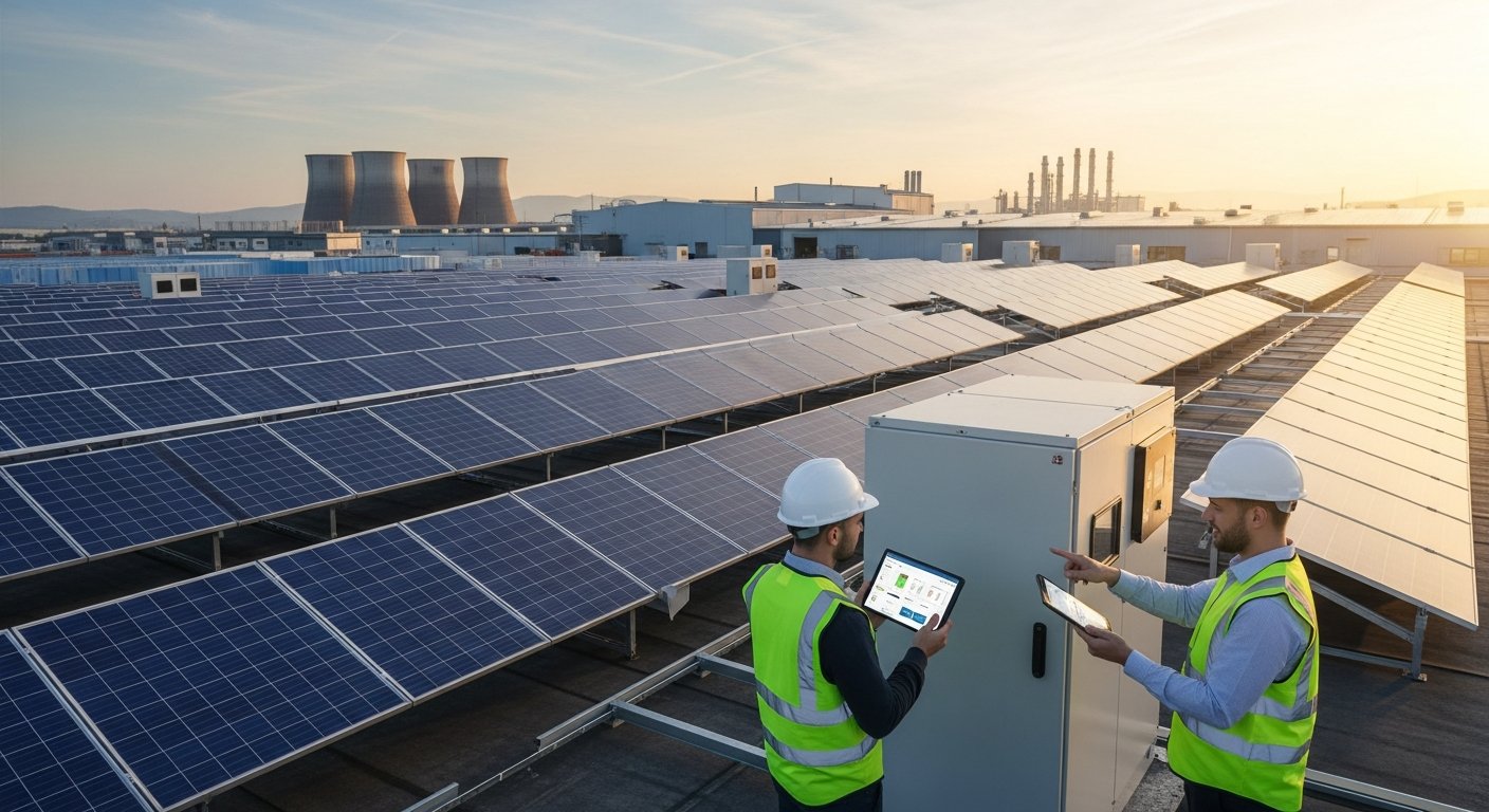 Two engineers in hard hats inspect a high-voltage inverter cabinet on a factory rooftop lined with rows of dark-blue solar…