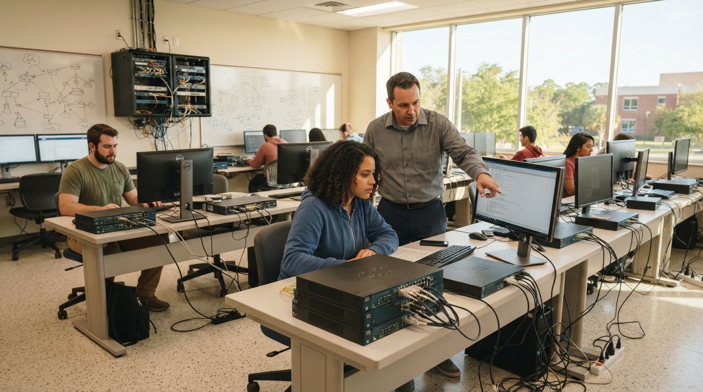 Two students and an instructor examine a router and desktop screen in a sunlit computer lab with server racks and…