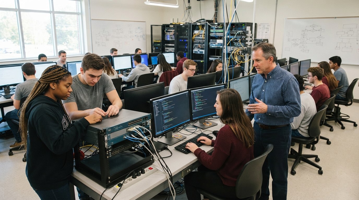 College students examine a networking switch and type code at desktop computers in a bright IT lab with servers and…