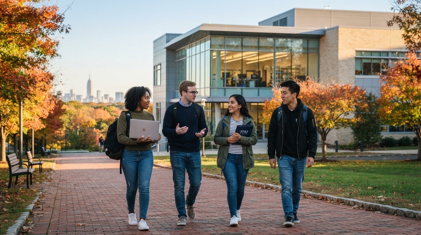 Four college students walking on a brick path outside a modern campus building with glass walls and autumn foliage