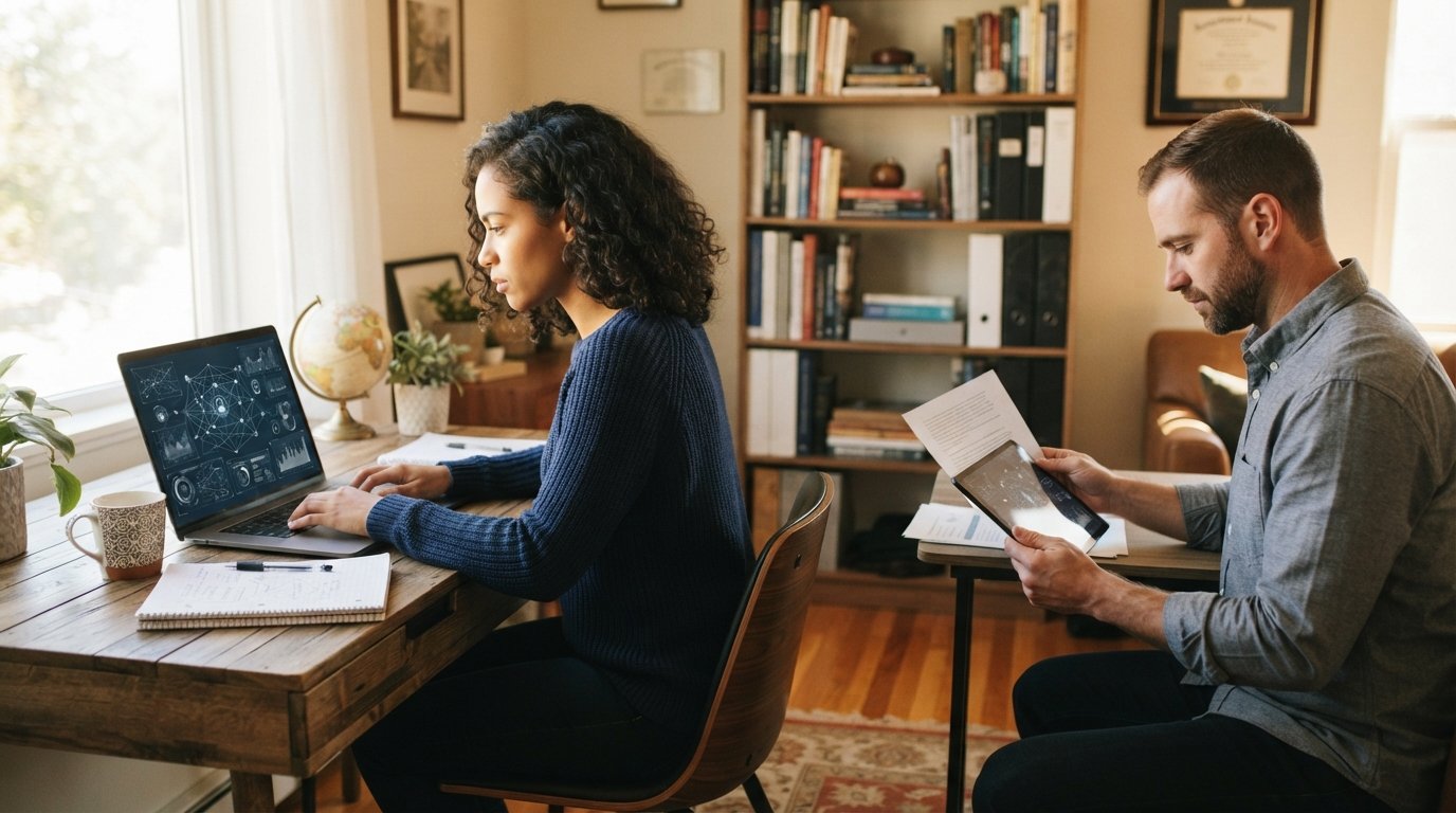 Graduate student in navy sweater at a sunlit desk with a laptop showing cybersecurity network graphics, notebook, coffee…
