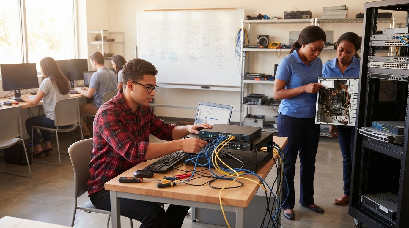 Two adult students work in a bright computer lab: a man in a plaid shirt plugs ethernet cables into a router while a woman…