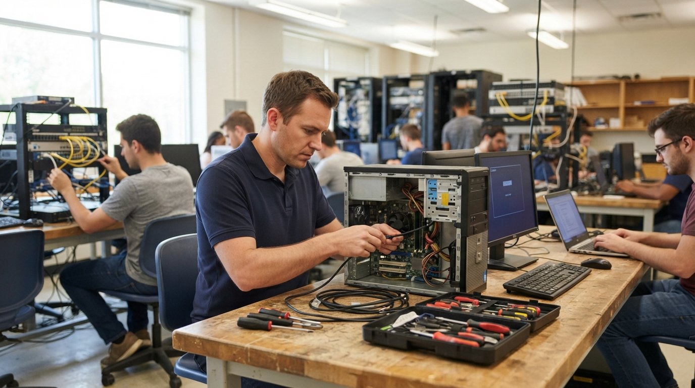 Adult student in navy polo connecting cables to an open desktop computer tower at a lab bench, with motherboard and toolkit…