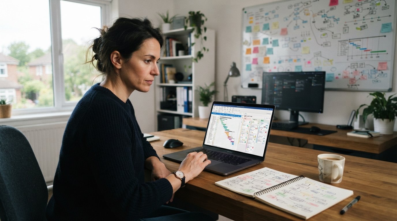 Adult student at a tidy home office desk with a laptop showing a Gantt chart and Agile board, notebook, coffee mug, and…