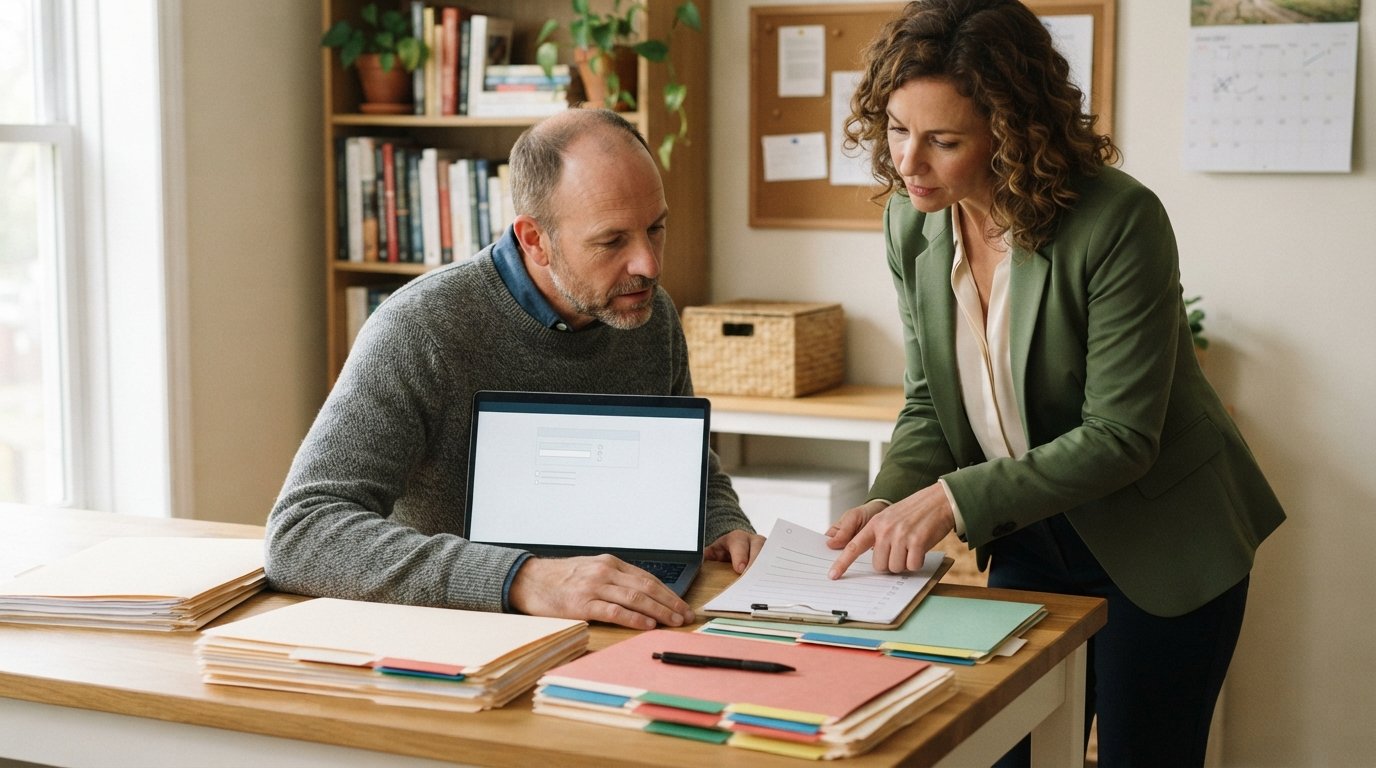 Man sits at a wooden table with stacked medical records and a laptop showing a blank form while a woman points to a…