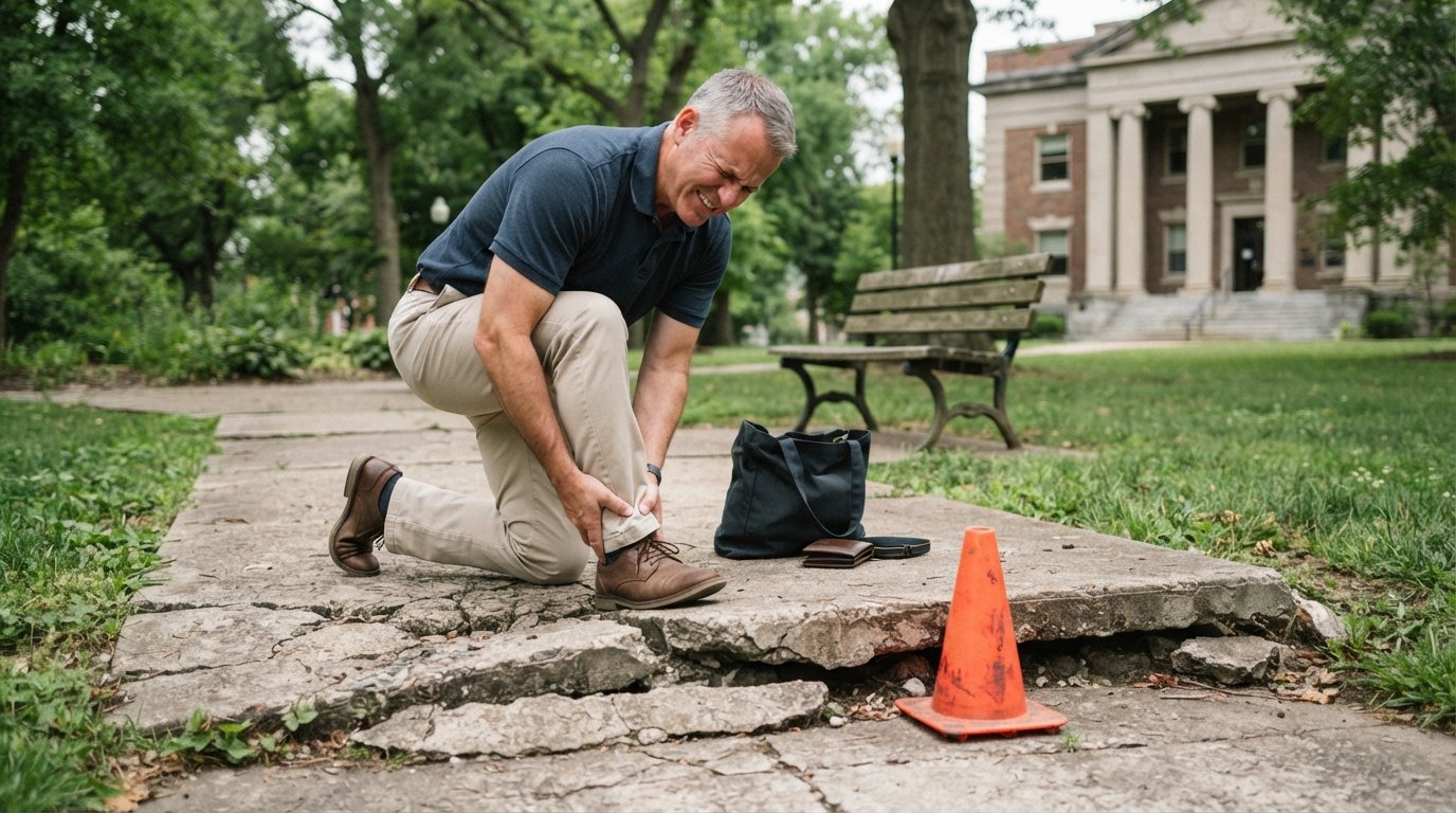 Man kneeling and holding his ankle on a cracked park sidewalk beside a raised slab and orange cone, with a government…