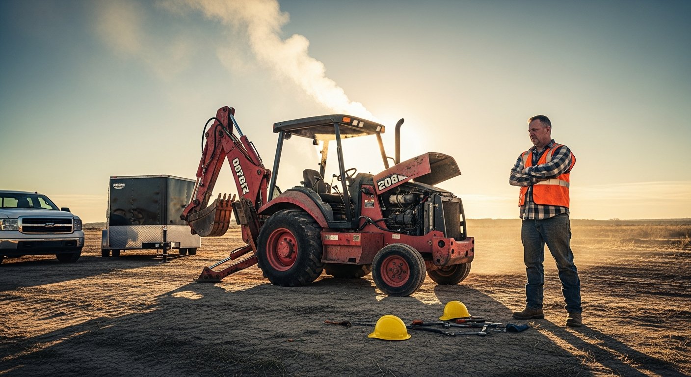 Contractor in orange vest stands with arms crossed beside a red backhoe emitting thin smoke on a dusty Texas job site at…