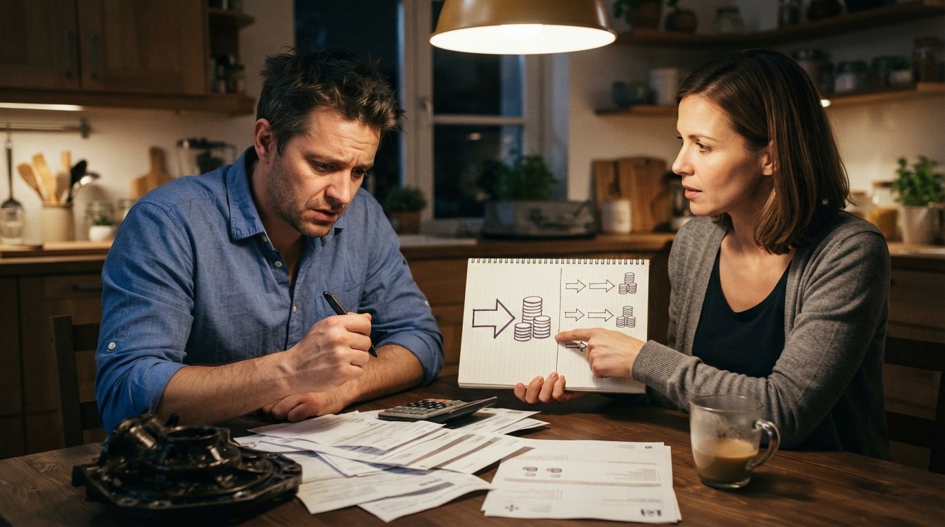 Stressed man with pen over unpaid bills and calculator at a kitchen table, a woman pointing to two comparison charts on a…
