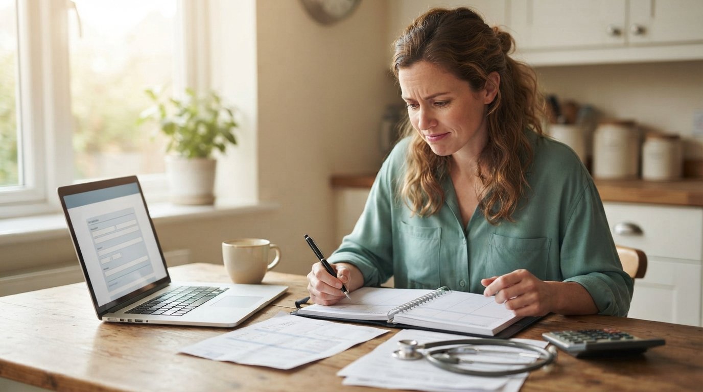 Woman in her 30s sits at a sunlit kitchen table with a medical bill, stethoscope, calculator, and laptop showing a loan…