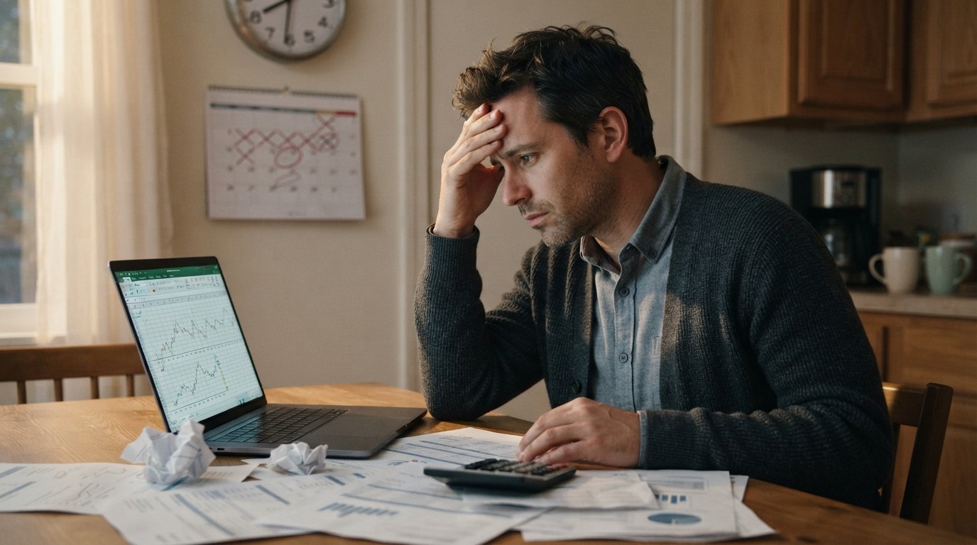 Worried person in casual business attire sits at a kitchen table with loan statements, a calculator, a laptop showing a…