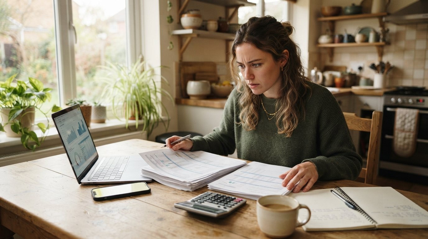 Focused young adult at a kitchen table comparing two stacks of loan paperwork beside a laptop, smartphone, and calculator…