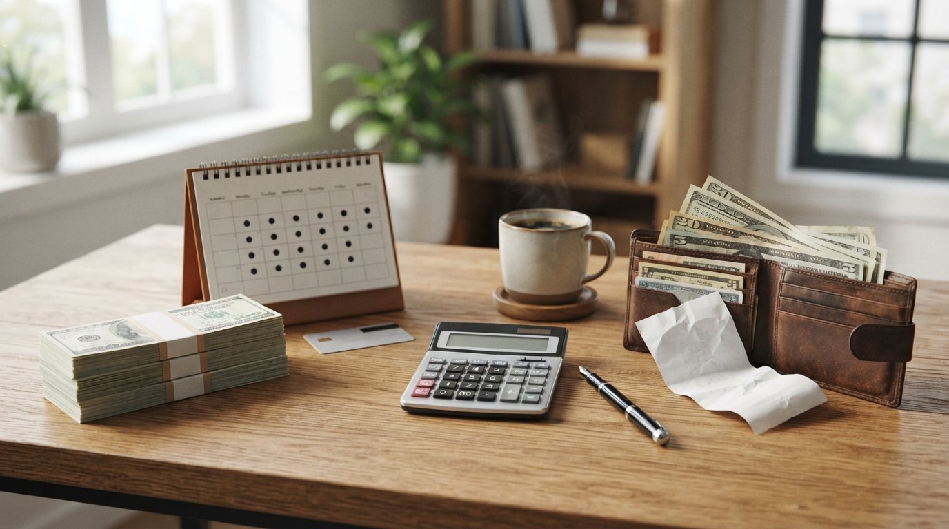 Wooden desk with a stack of equal-sized bills beside a calendar of evenly spaced payment markers, next to an open wallet…