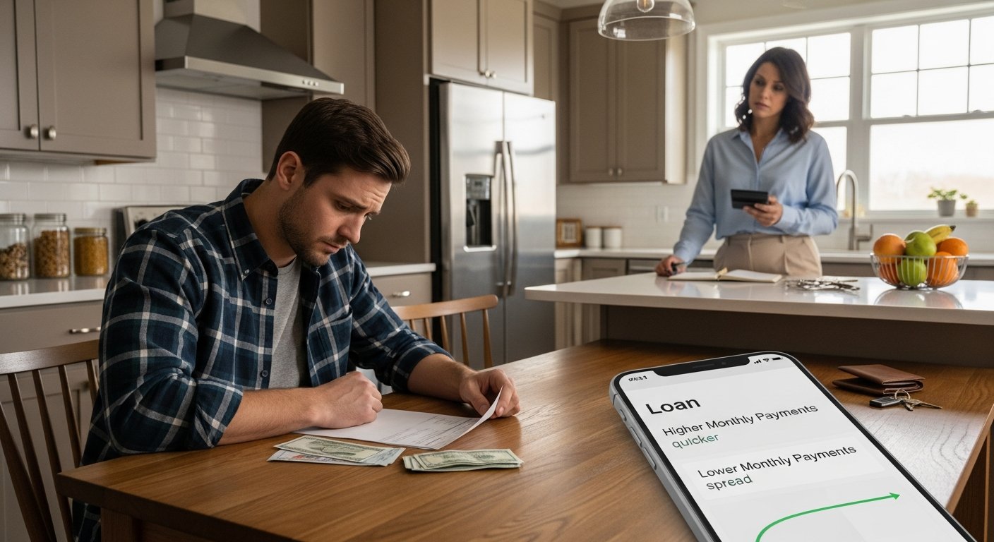 Man in plaid shirt reviewing bills and a car repair estimate at a kitchen table, with a smartphone showing a loan…