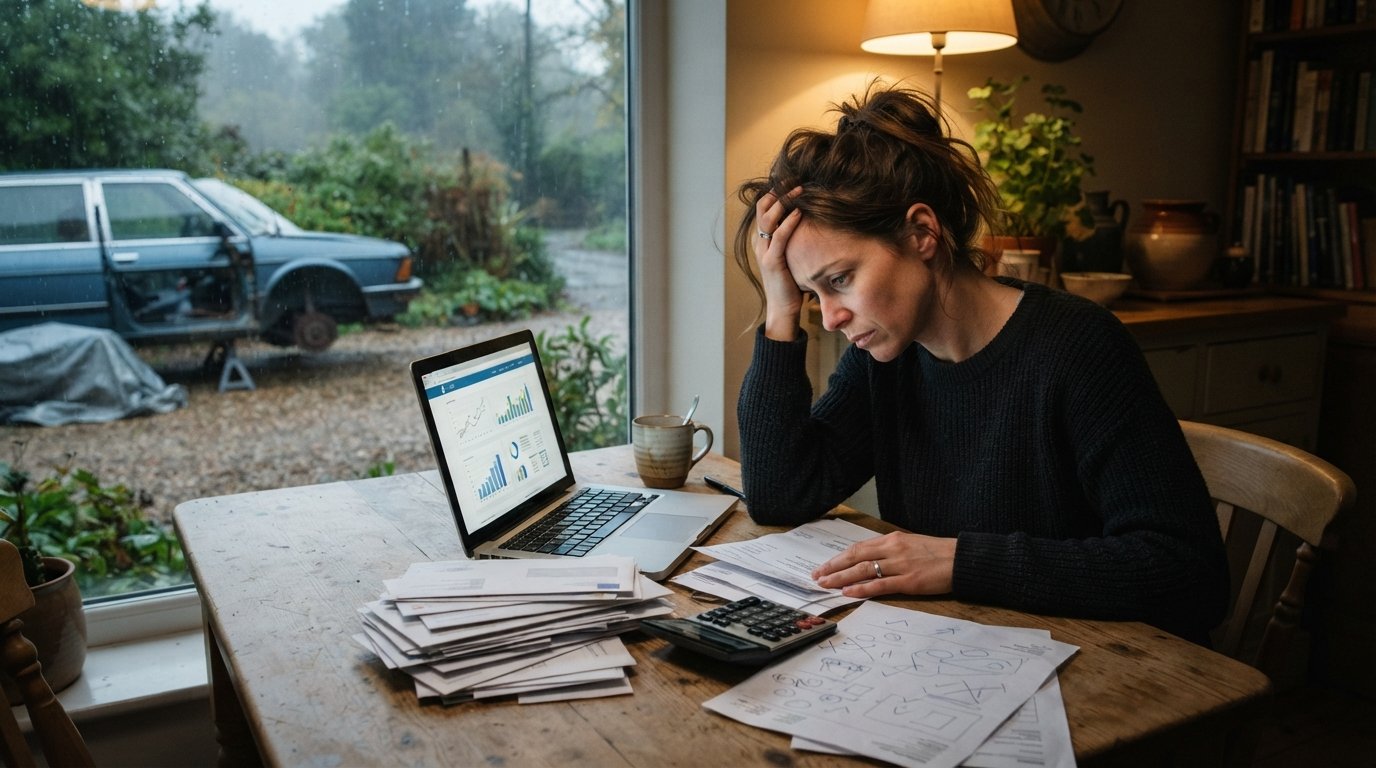Stressed adult at a kitchen table with a laptop, unpaid bills, calculator, and car repair estimate, broken-down car visible…