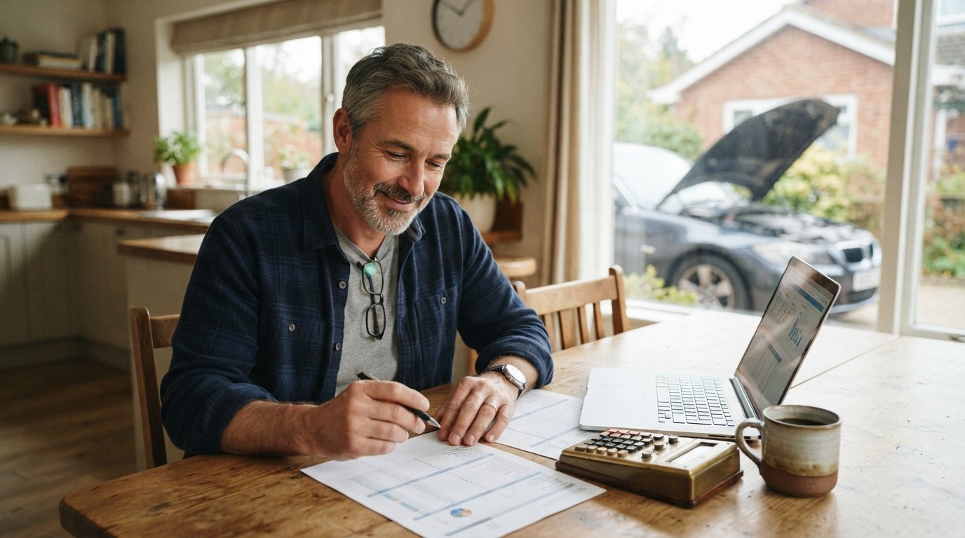 Middle-aged man at a kitchen table reviews a printed loan comparison sheet with a laptop, calculator, and coffee nearby