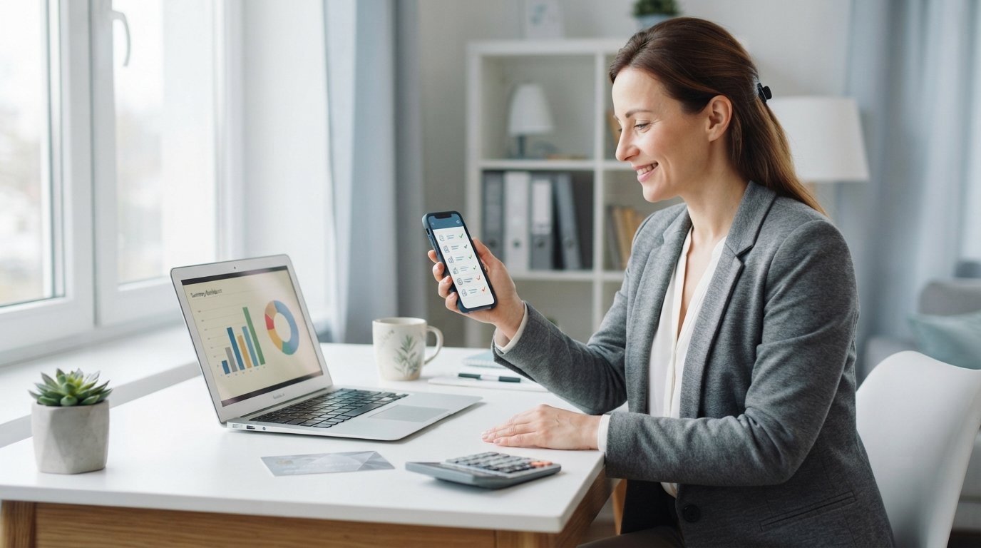 Professional comparing loan offers on a smartphone next to a laptop with a loan summary and calculator on a bright desk