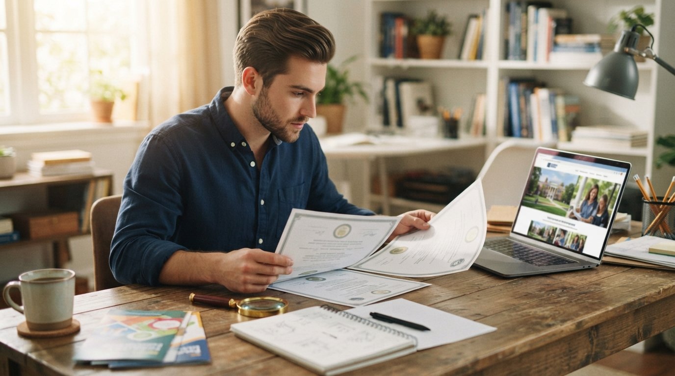 Prospective student at a wooden desk comparing two printed documents beside a laptop, with a magnifying glass, notebook,…
