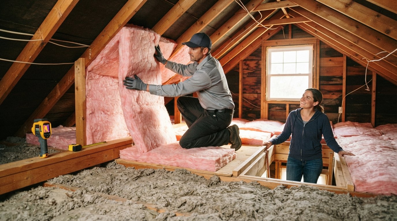 Contractor in gray shirt and cap laying pink fiberglass insulation between attic joists while homeowner watches from ladder…